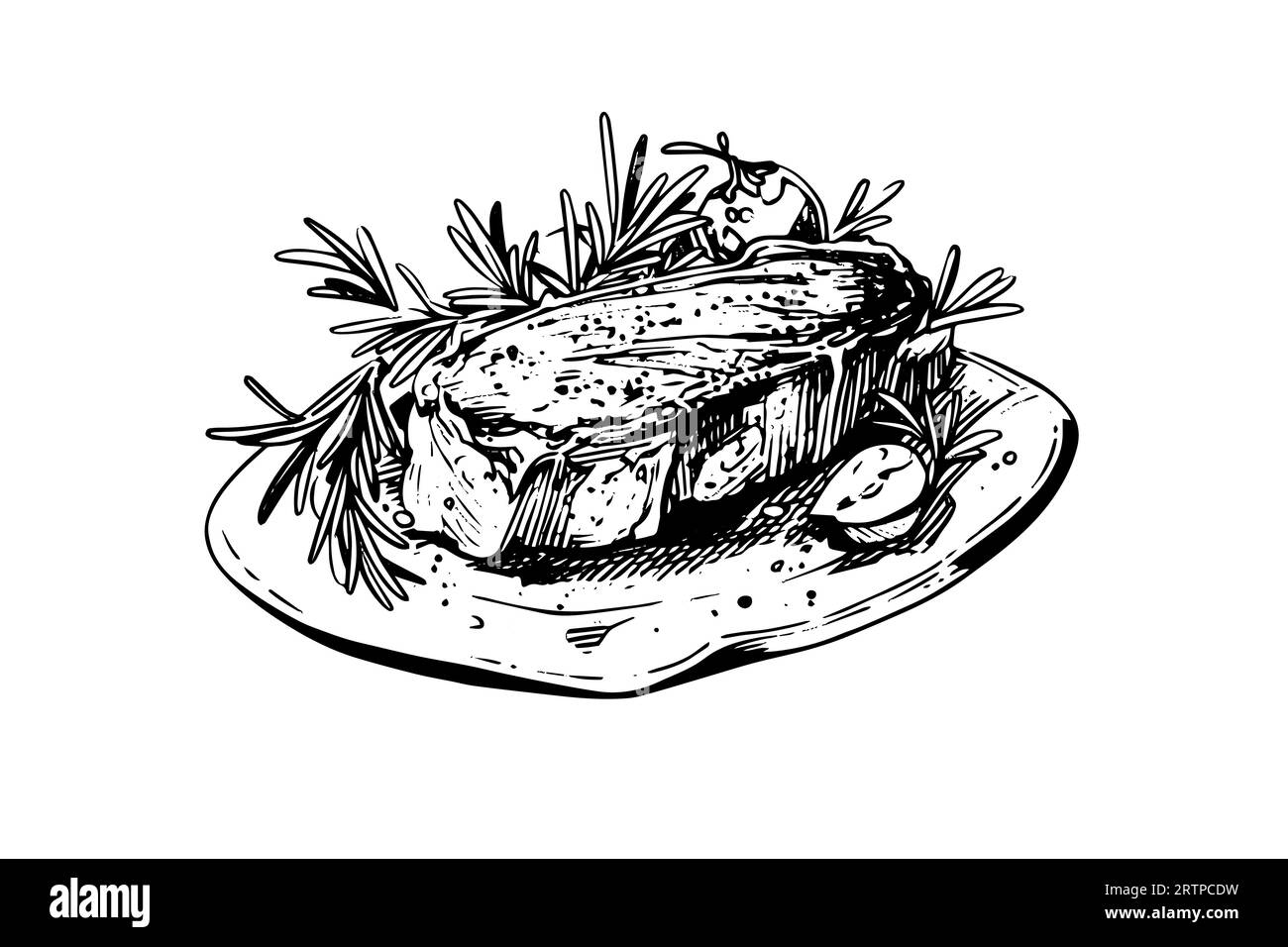 Meat steak on the plate. Hand drawing sketch engraving style vector