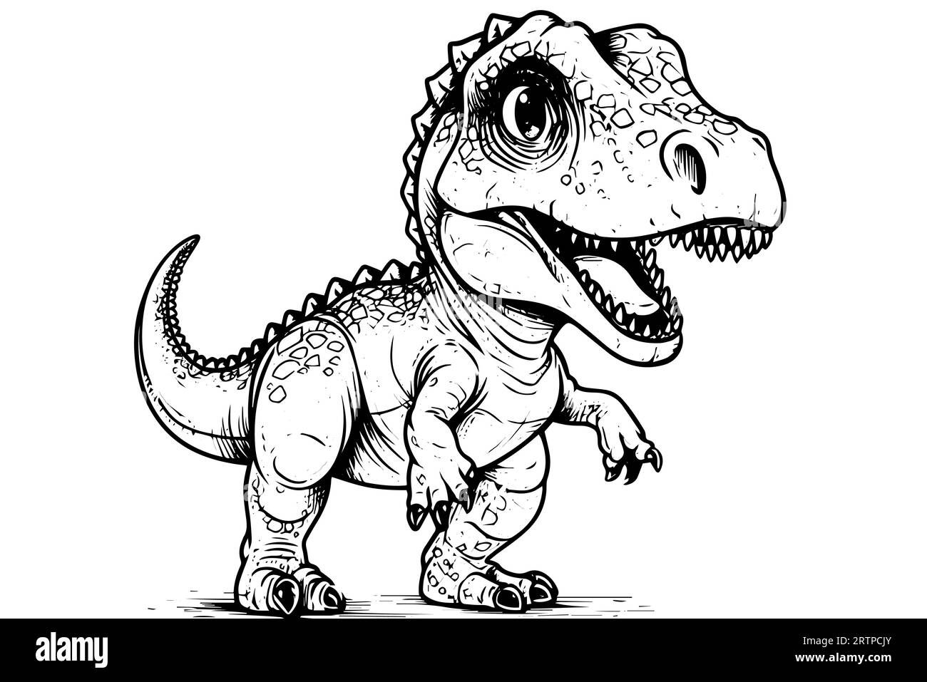 Cute baby dinosaur tyrannosaurus hand drawn ink sketch. Vector illustration. Logotype,icon, sign, print, mascot design. Stock Vector