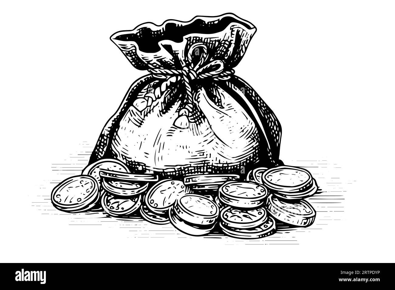 Vintage bag full of money coins hand drawn ink sketch. Engraving style