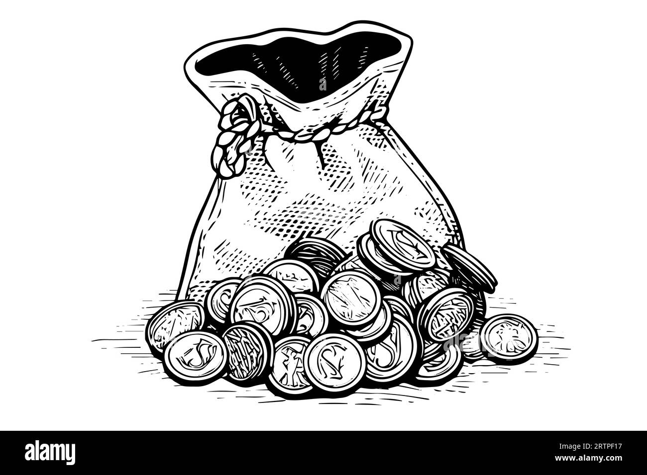 Vintage bag full of money coins hand drawn ink sketch. Engraving style ...