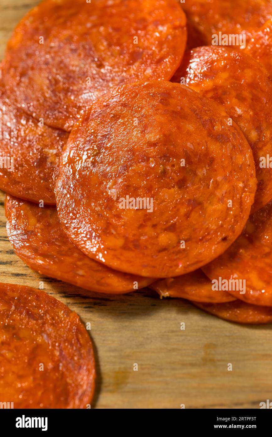 Organic Uncured Pepperoni Slices in a Pile Stock Photo Alamy