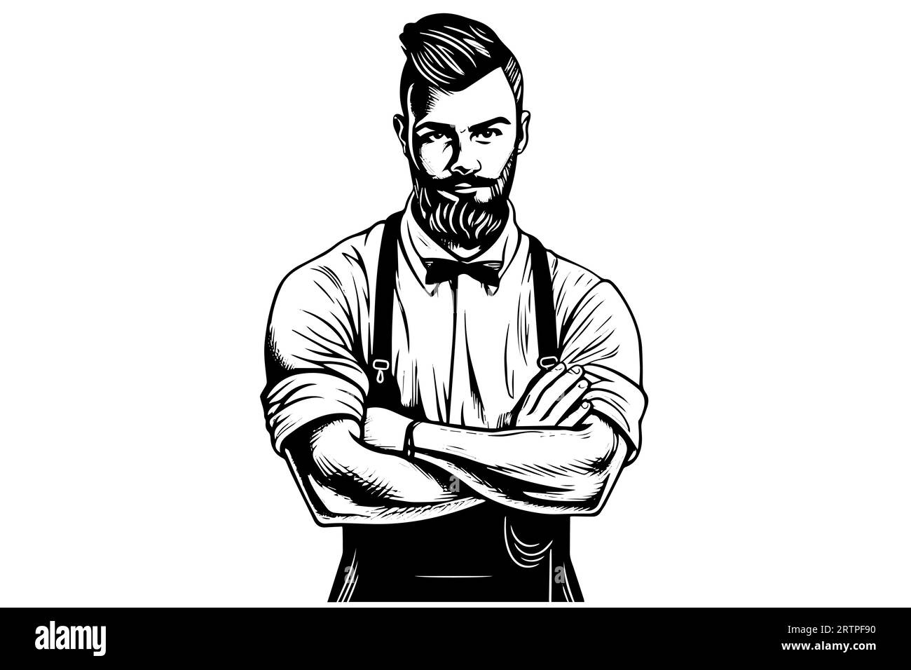 Hand drawn portrait of bearded man with crossed arms. Hipster ink sketch. Logotype vector illustration. Stock Vector
