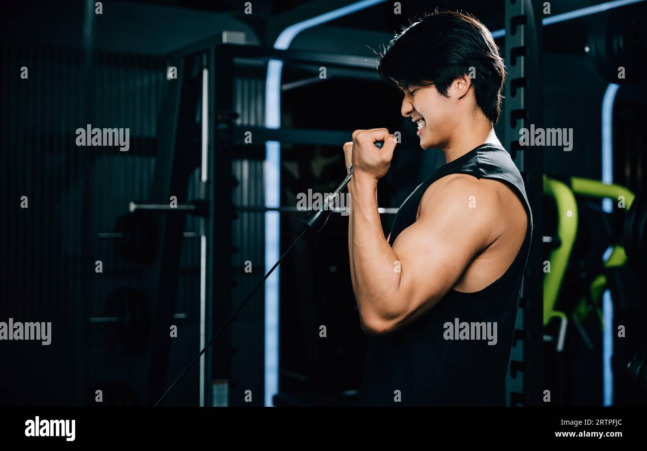 A man doing cable triceps pull ups with a heavy weight Stock Photo Alamy