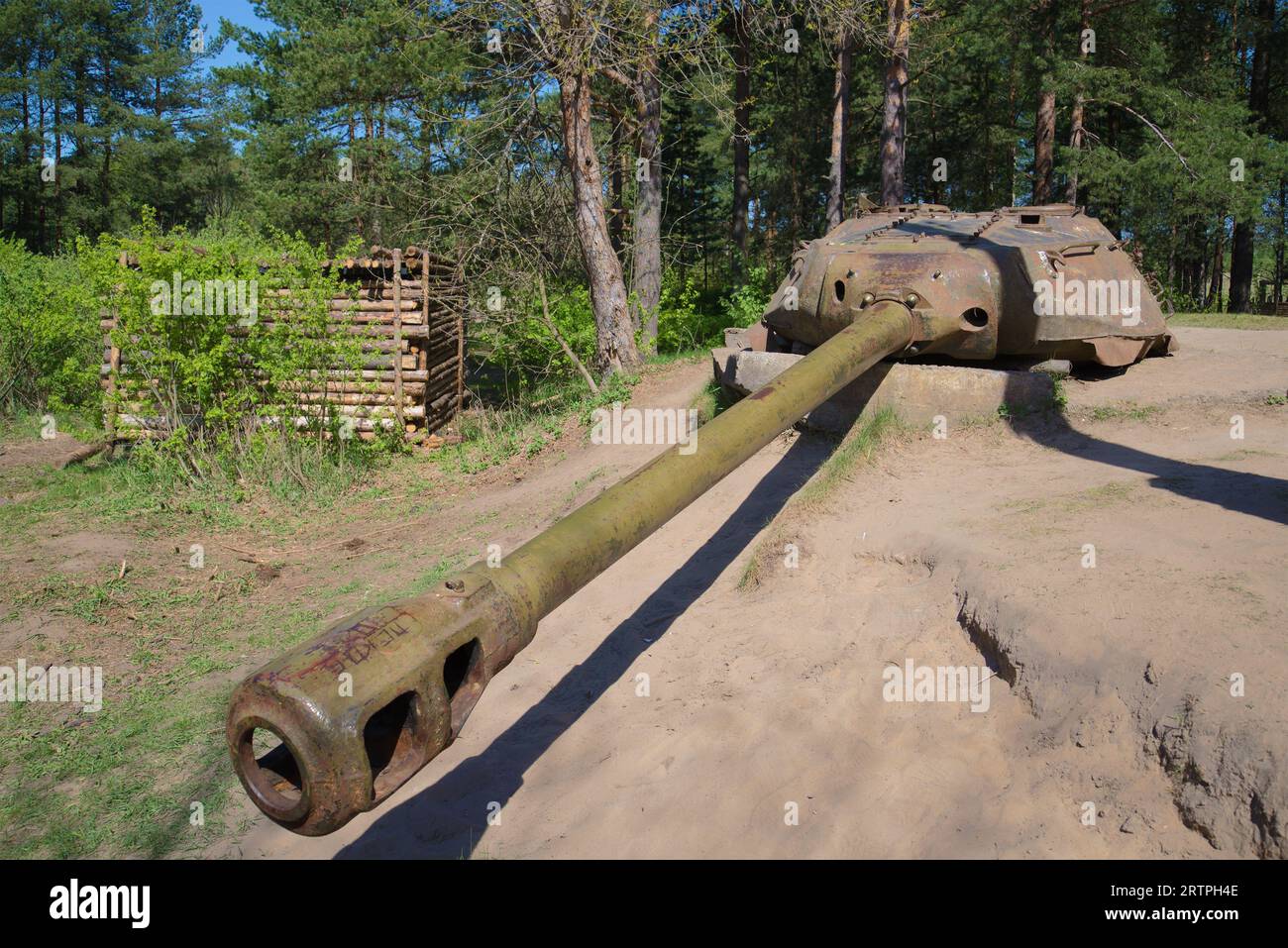 The old AFDS turret artillery installation based on the IS-4 tank turret on a sunny May day. Sestroretsk Frontier, Russia Stock Photo