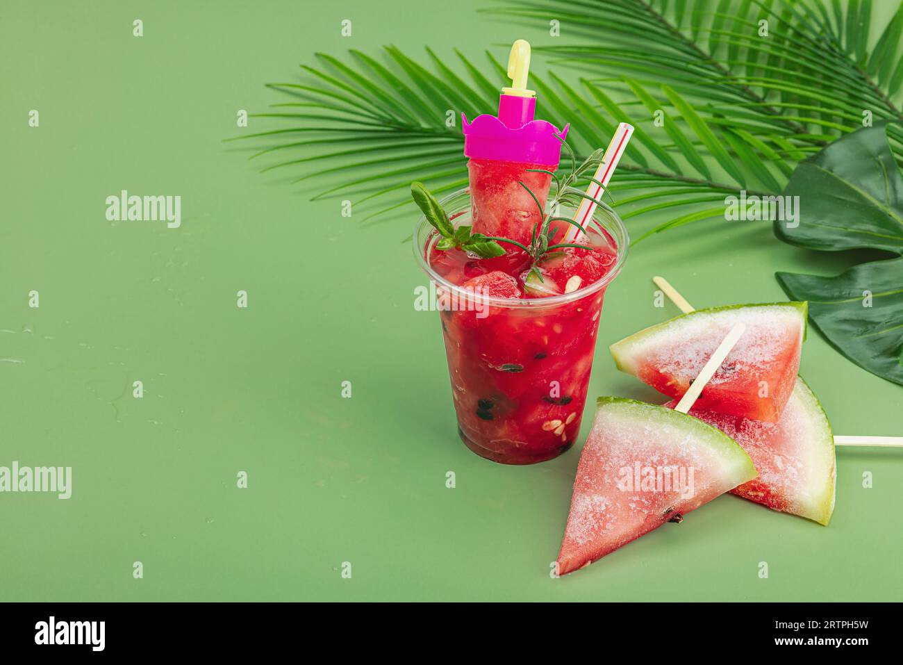 Refreshing watermelon cocktail. Traditional summer drink. Trendy Savannah green background, palm leaves, copy space Stock Photo