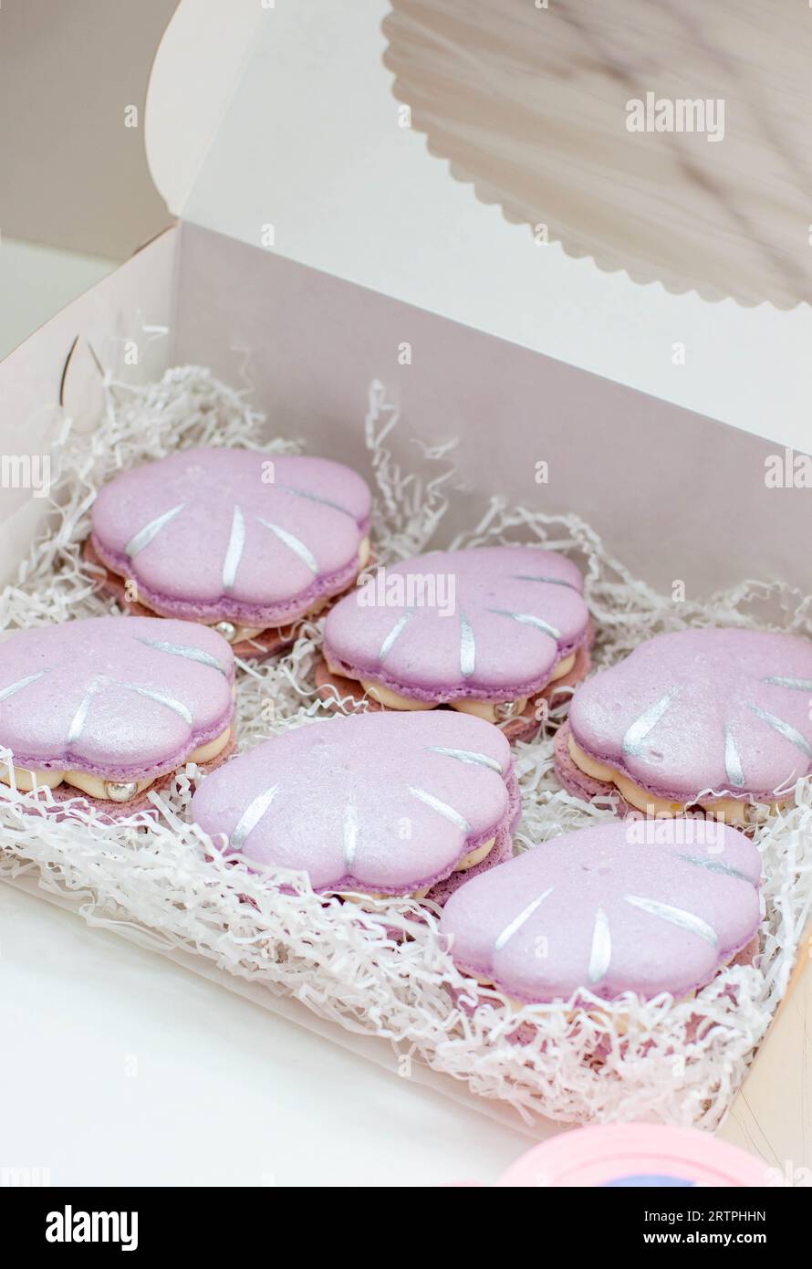 Sea shells shaped french macarons in soft pastel purple color in the ...