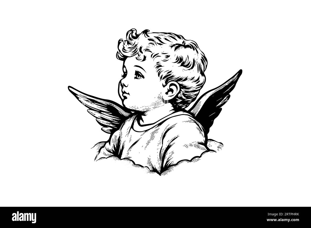 Little angel vector retro style engraving black and white illustration. Cute baby with wings. Stock Vector