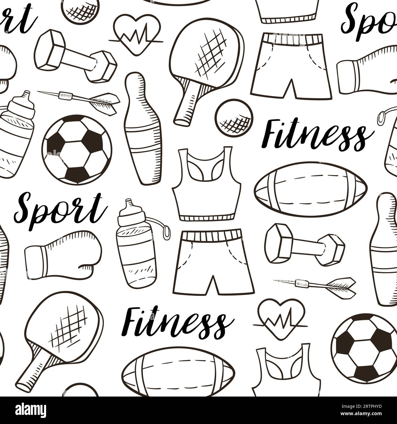 Sport Seamless pattern. Icons doodle style. Equipment for fitness
