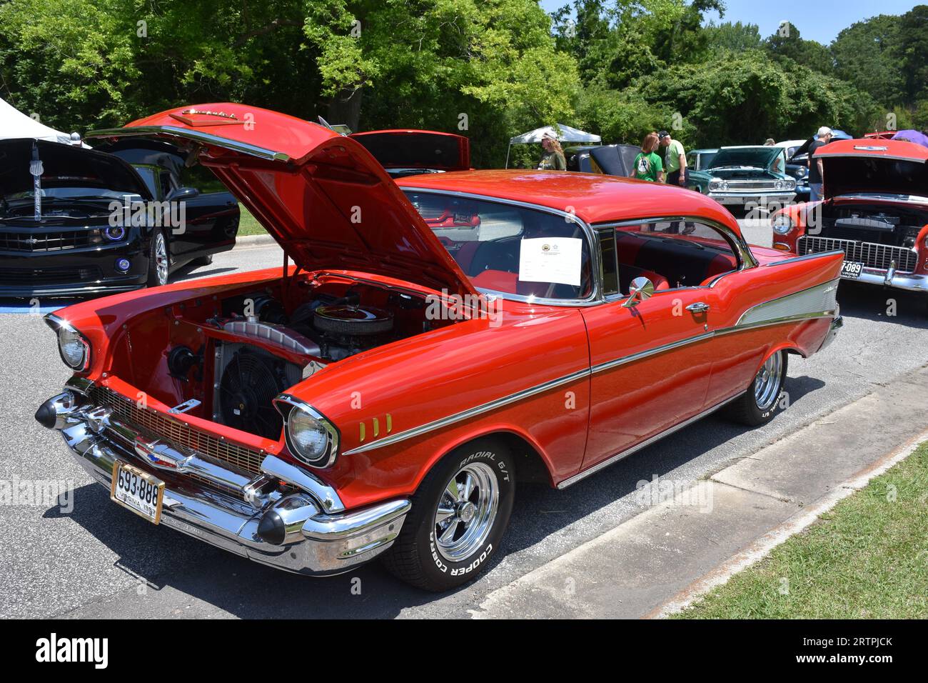 A 1957 Chevrolet Bel Air Hard Top on display at a car show. Stock Photo