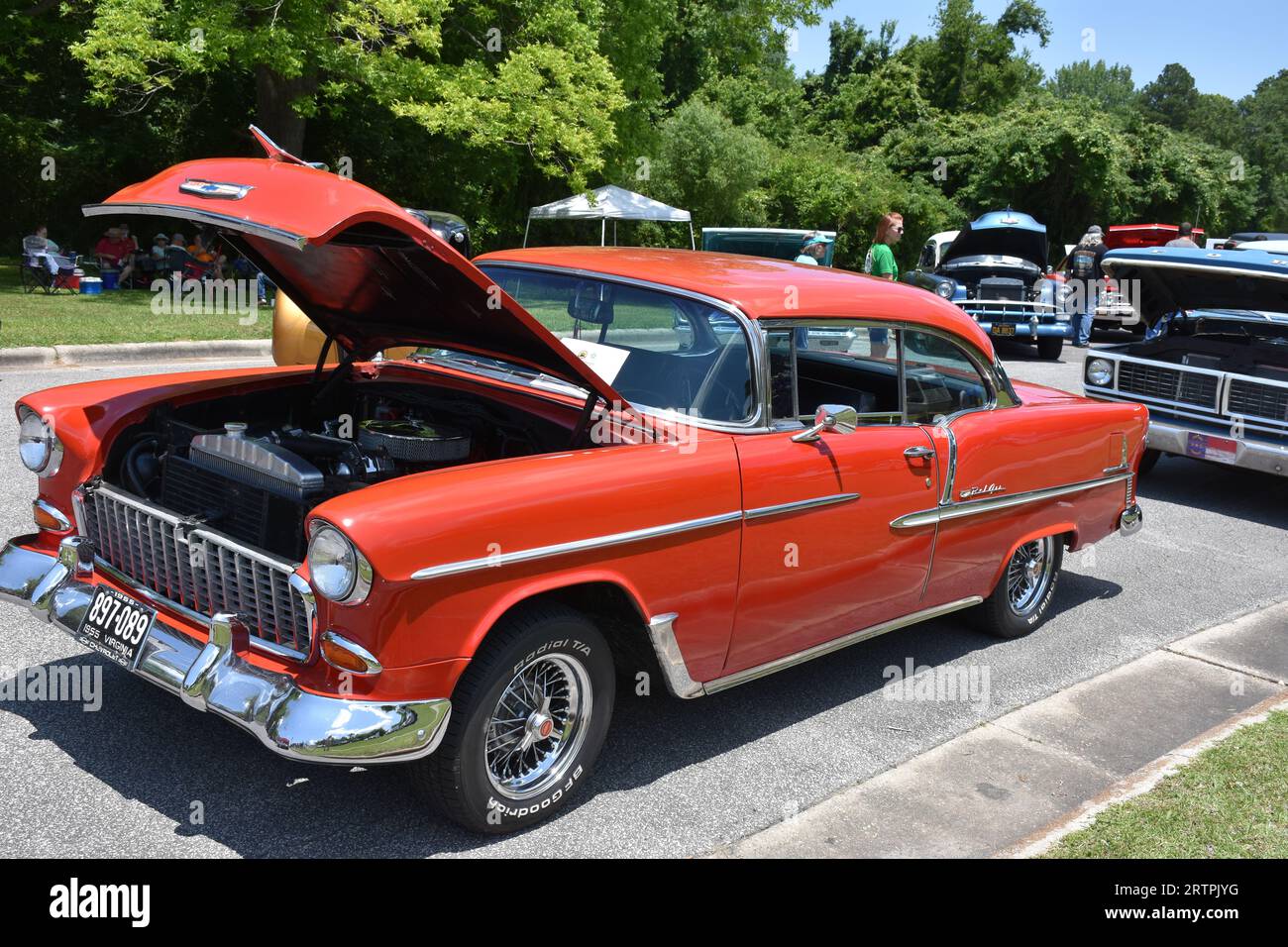 A 1955 Chevrolet Bel Air Hard Top on display at a car show. Stock Photo