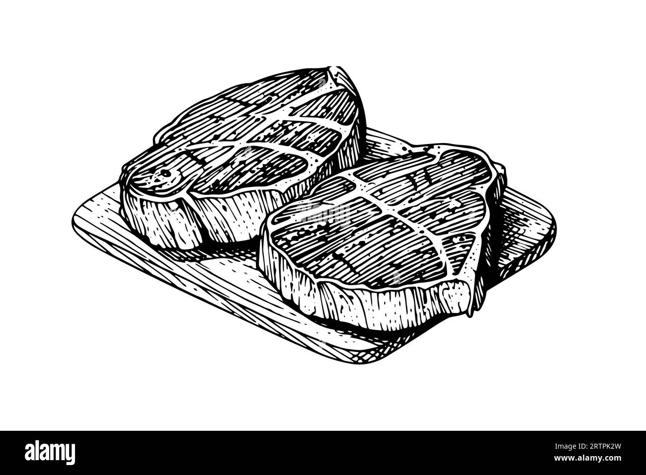 Meat steak on wood board. Hand drawing sketch engraving style vector