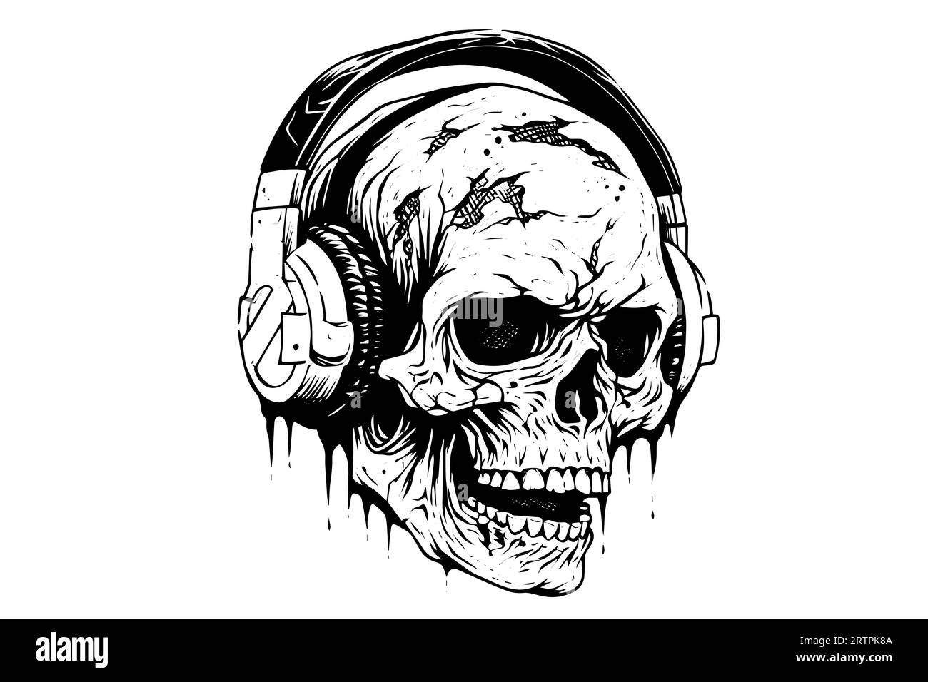 Zombie head on headphones ink sketch. Walking dead hand drawing vector ...