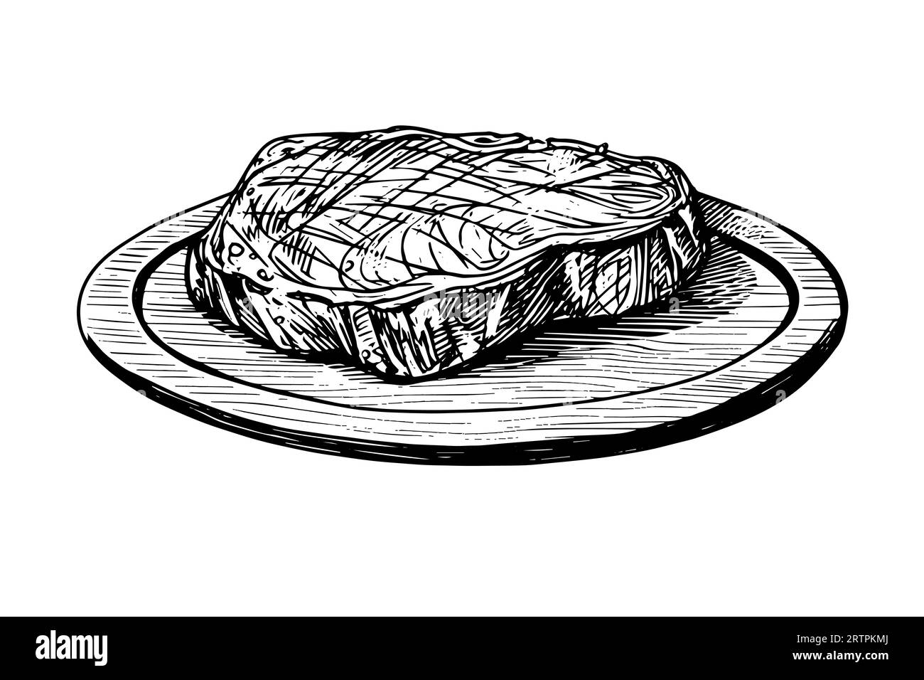 Meat steak on wood board. Hand drawing sketch engraving style vector