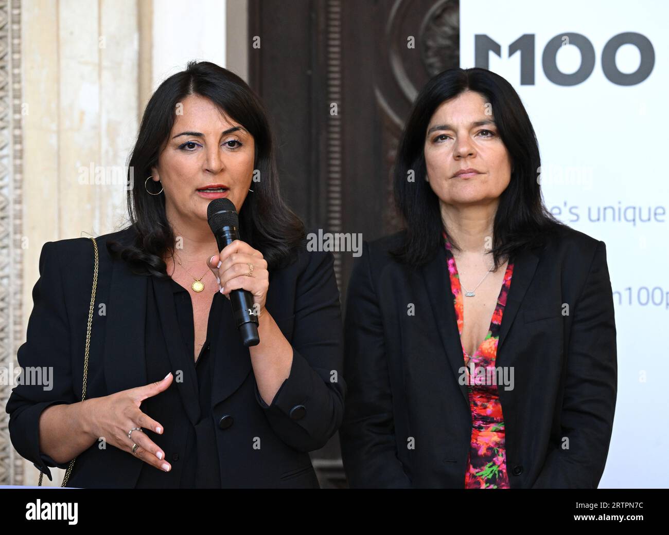 Potsdam, Germany. 14th Sep, 2023. Jasmin Tabatabai (r), German-Iranian actress and musician, and Düzen Tekkal (l), human rights activist, give a press conference before the start of the M100 Media Award ceremony. The M100 Media Award has been presented since 2005 as part of the international media conference M100 Sanssouci Colloquium. Credit: Soeren Stache/dpa/Alamy Live News Stock Photo
