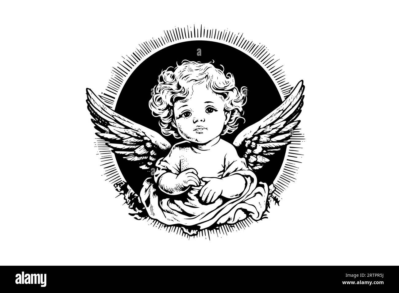Little angel in frame vector retro style engraving black and white illustration. Cute baby with wings. Stock Vector