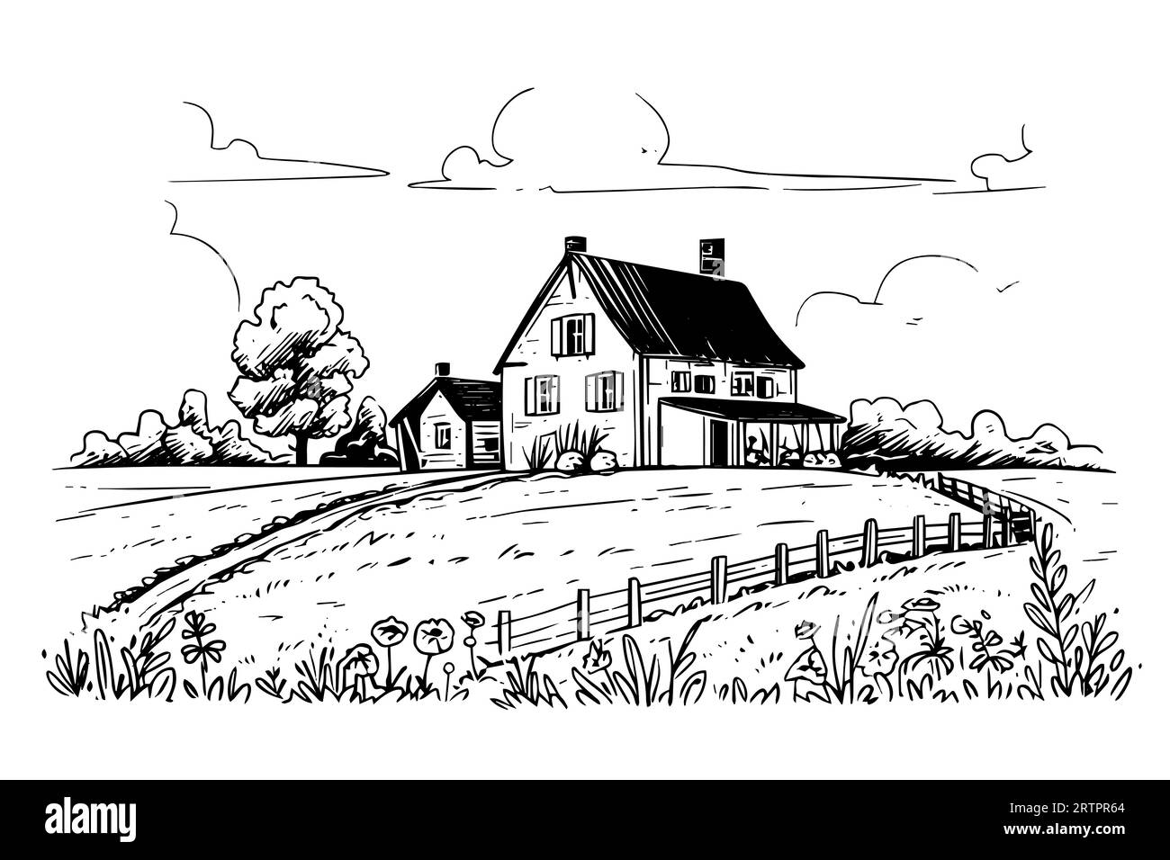 Rural landscape with a farm in engraving style. Hand drawn vector