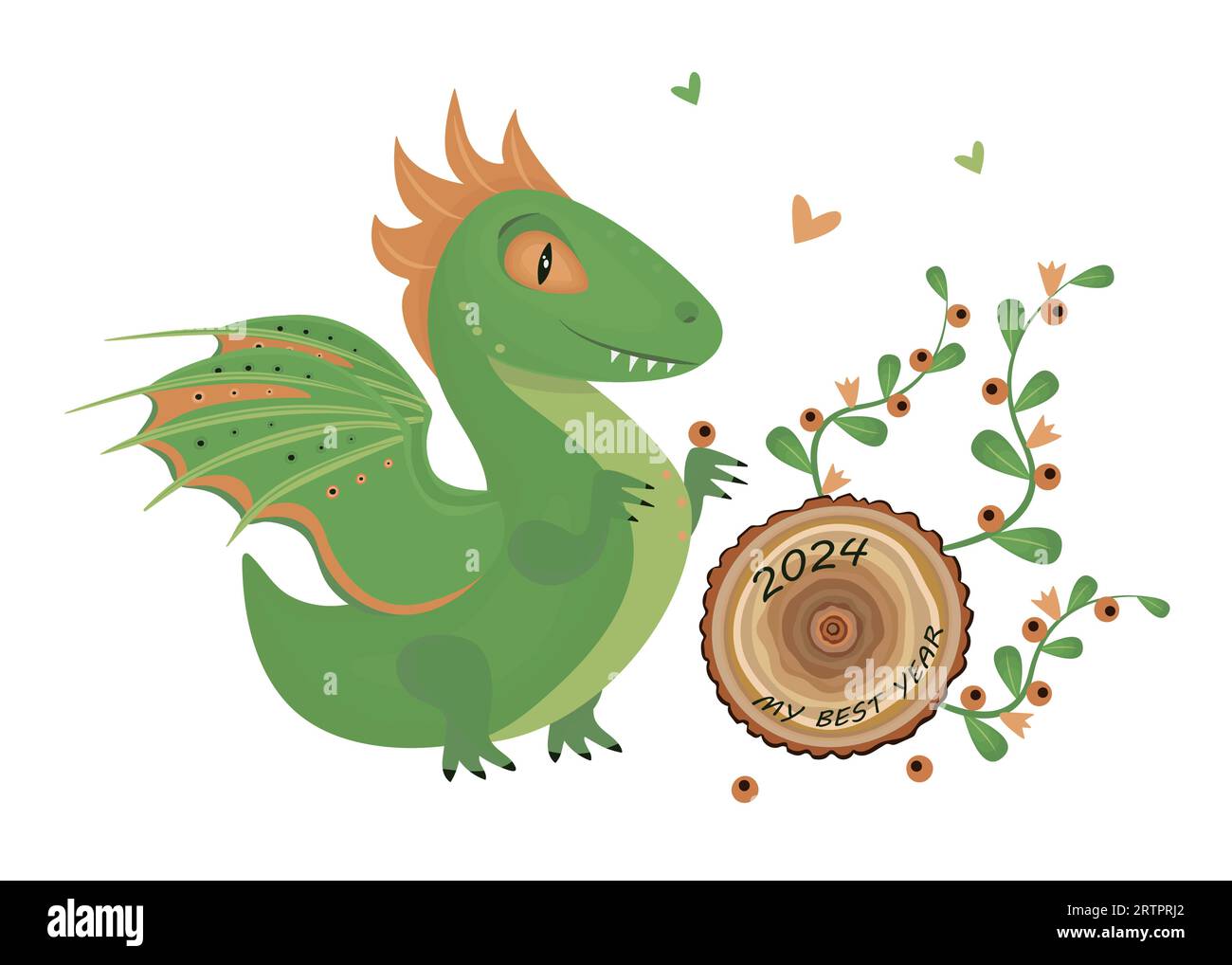 Wood green dragon rolls a tree stump, symbol of 2024 year, color
