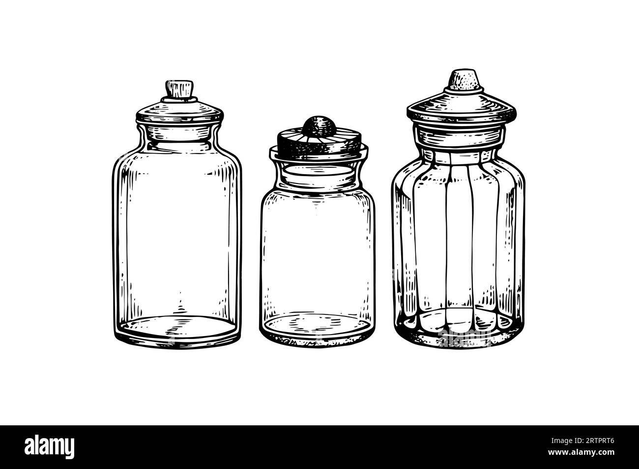 Empty glass jars ink sketch. Vector vintage black engraving illustration. Stock Vector