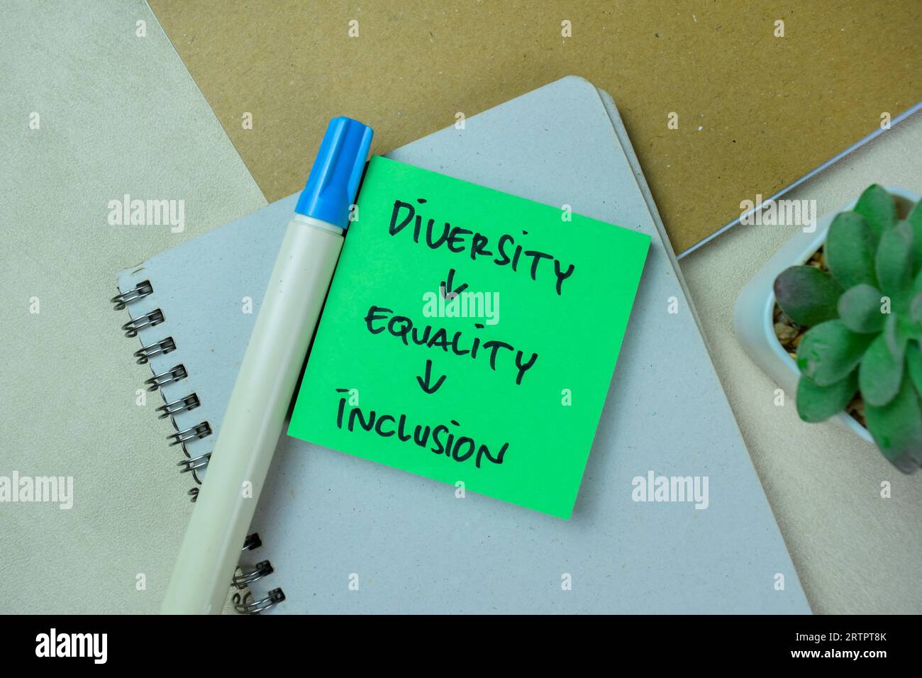 Concept of Diversity, Equality, Inclusion write on sticky notes isolated on Wooden Table. Stock Photo
