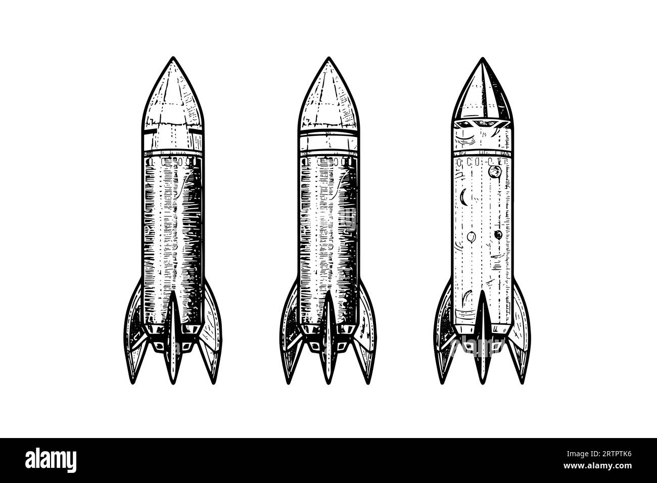 Set of space rocket sketch engraving style vector illustration. Stock Vector