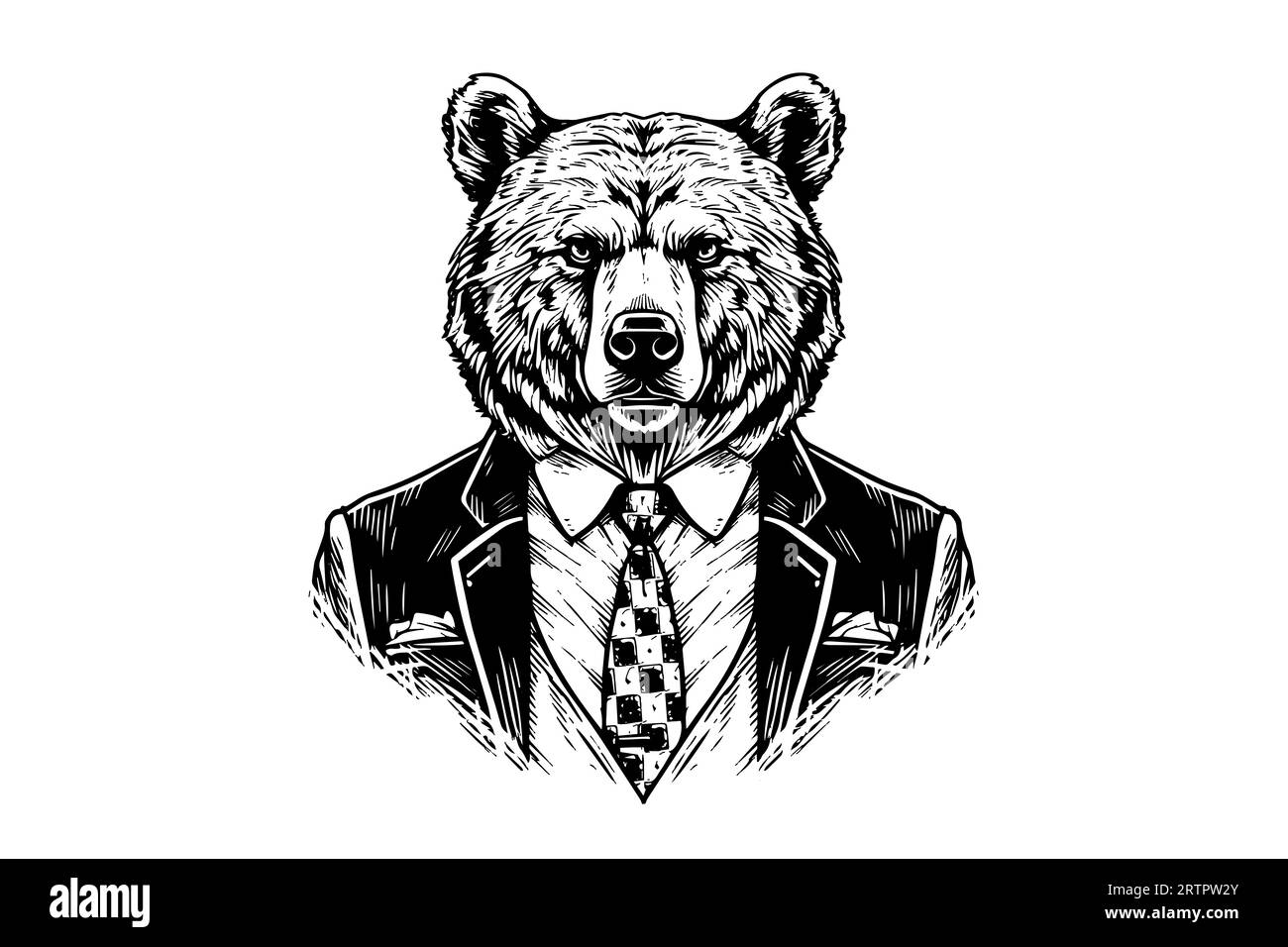 Bear in a tuxedo logotype vector engraving style illustration. Stock Vector