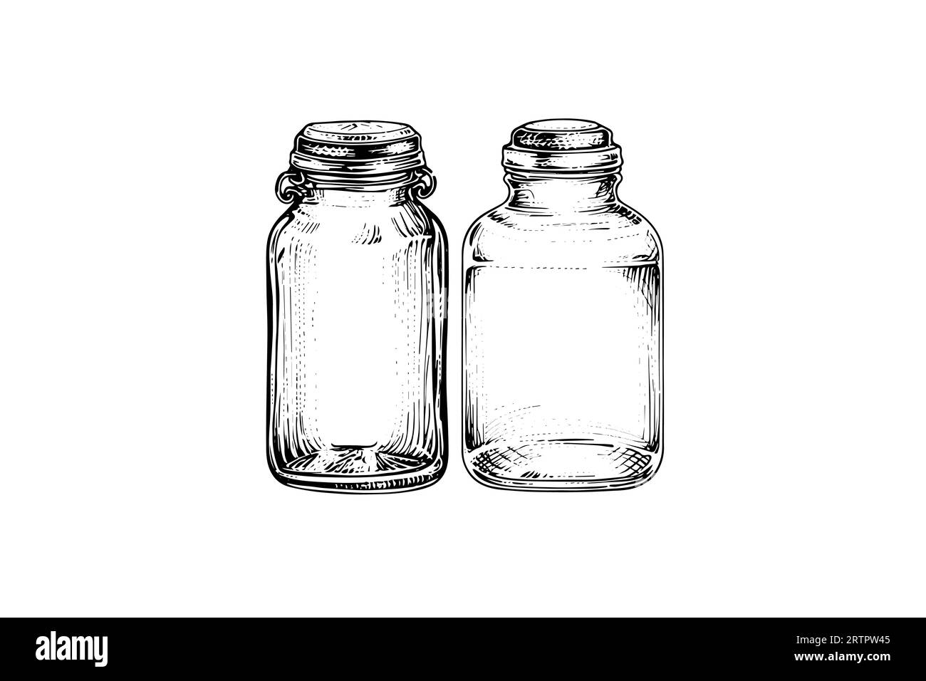 Empty glass jars ink sketch. Vector vintage black engraving