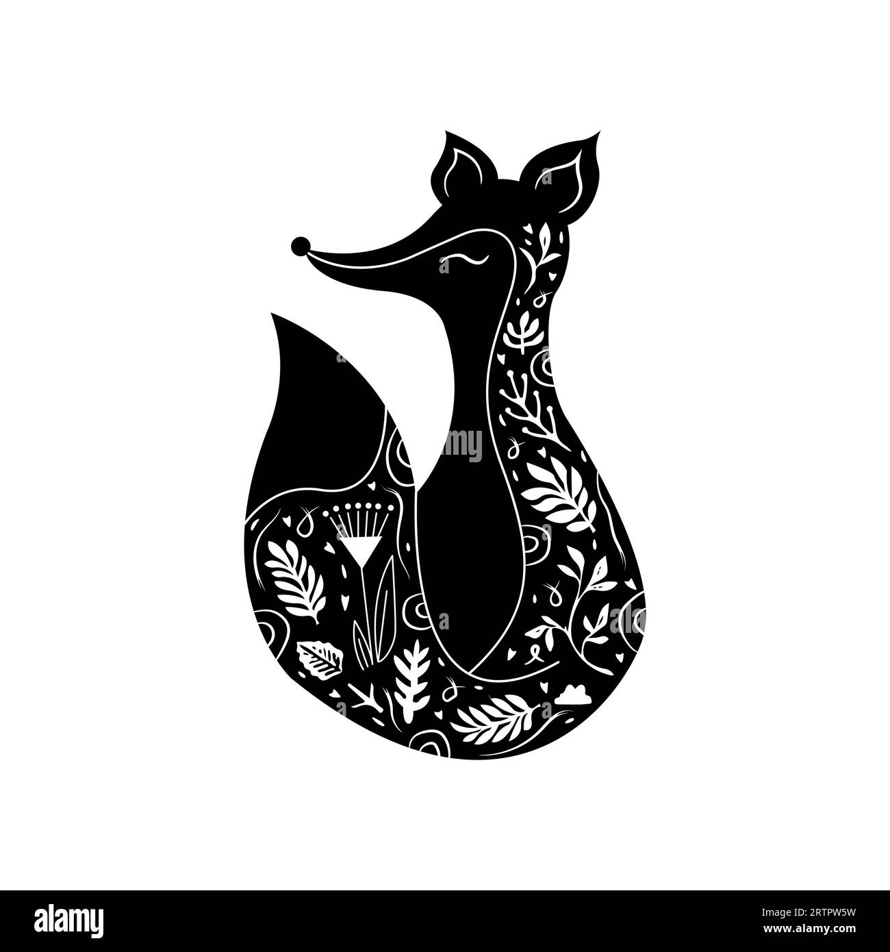 Forest animal fox in linocut textured style. Isolated on white