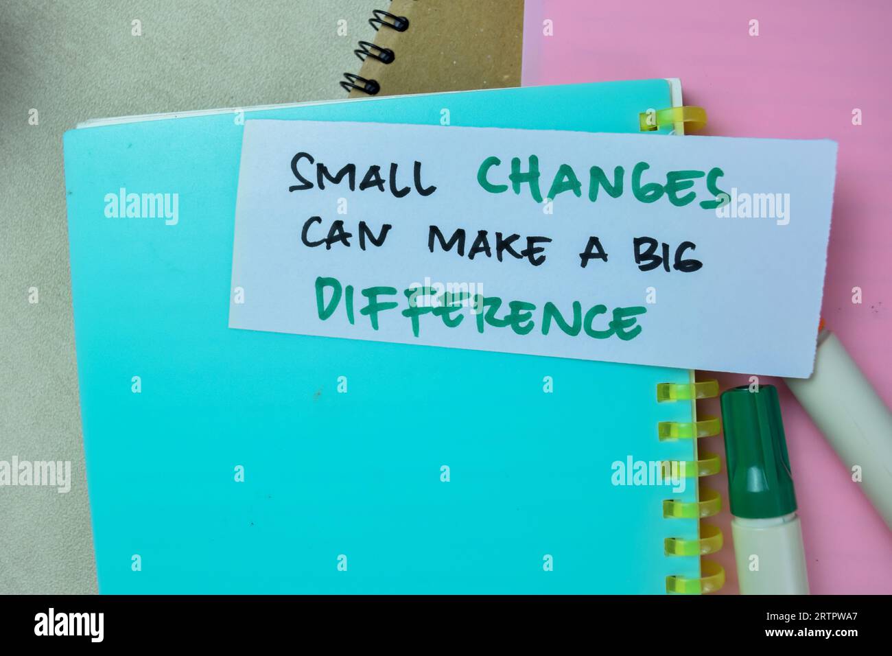 Concept of Small Changes Can Make a Big Difference write on sticky notes isolated on Wooden Table. Stock Photo