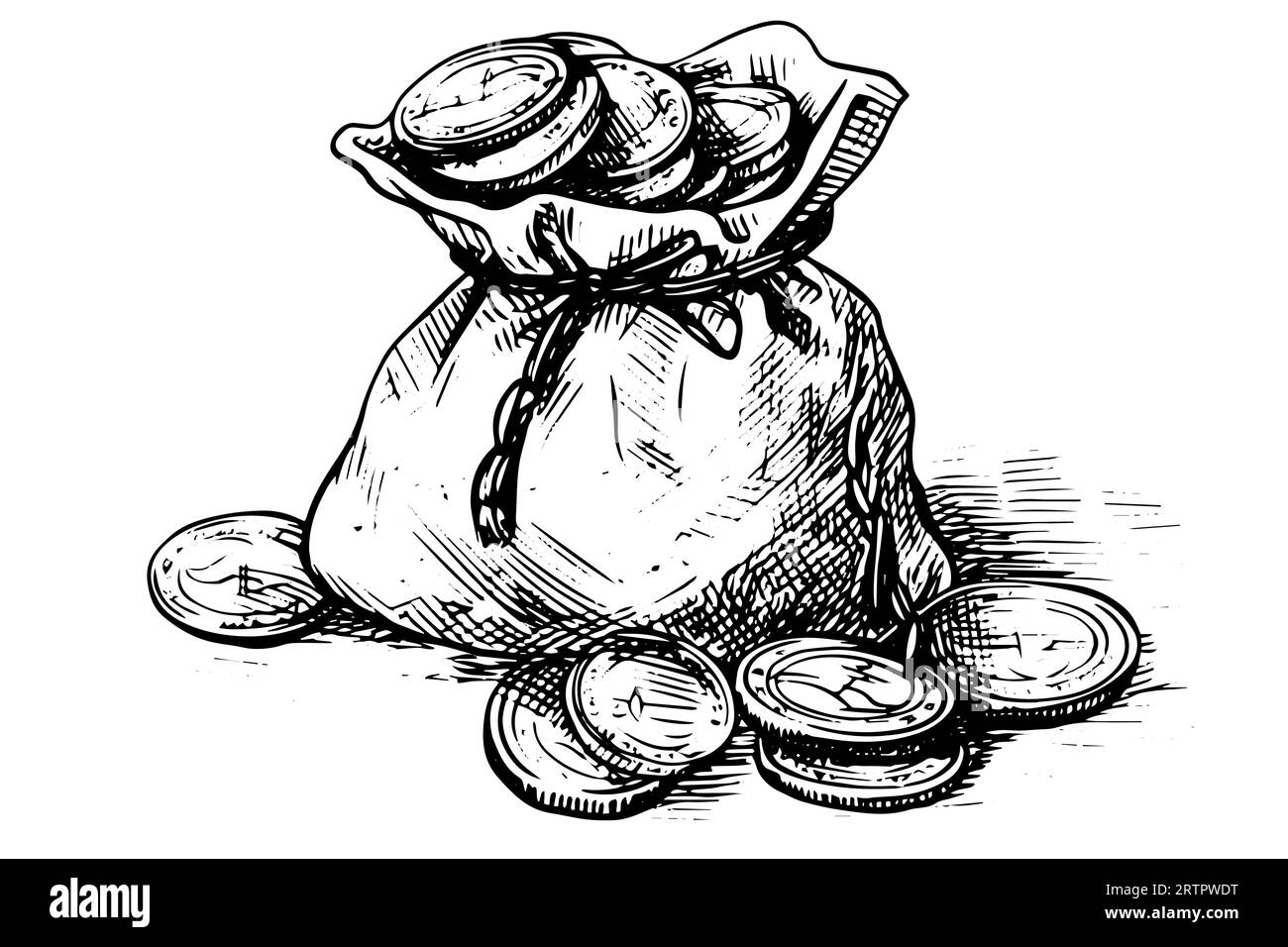 Vintage bag full of money coins hand drawn ink sketch. Engraving style