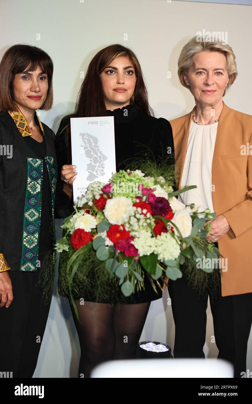 Potsdam, Germany, September 14, 2023, (l-r)  Mersedeh Shahinkar, Shima Babaei, Ursula von der Leyen on stage from the M100 Media Award to the Iranian “Women, Life, Freedom” movement in the Orangerie in Park Sanssouci. Sven Struck/Alamy Live News Stock Photo