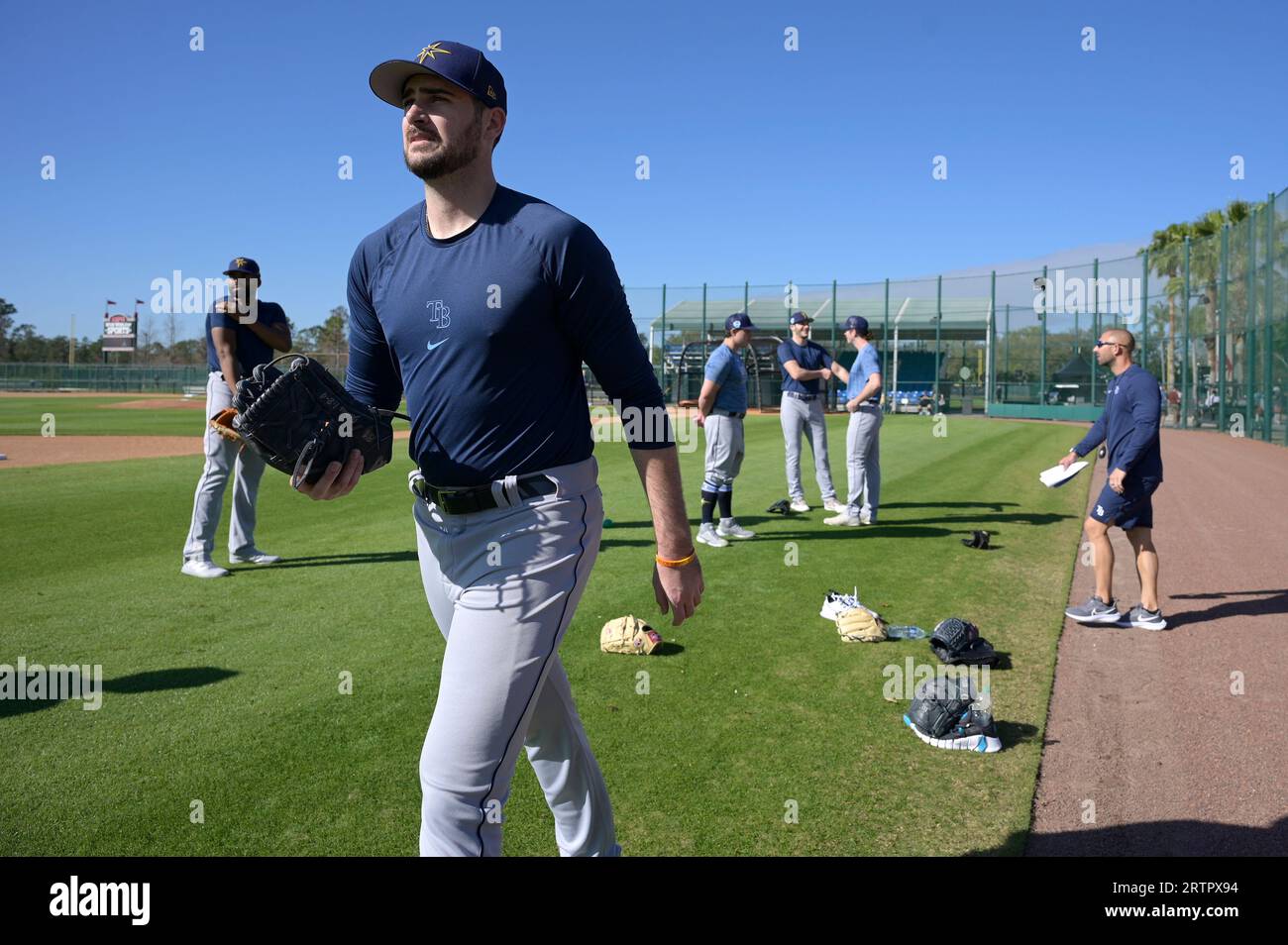 Tampa Bay Rays pitcher Ryan Thompson walks onto a field during the