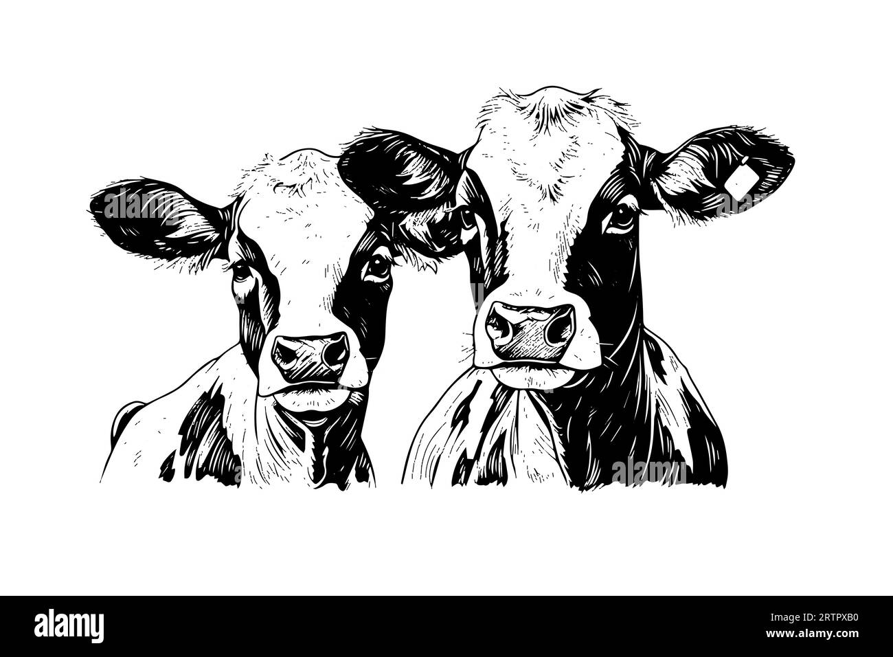 Two alpine cow vector hand drawn engraving style illustration Stock