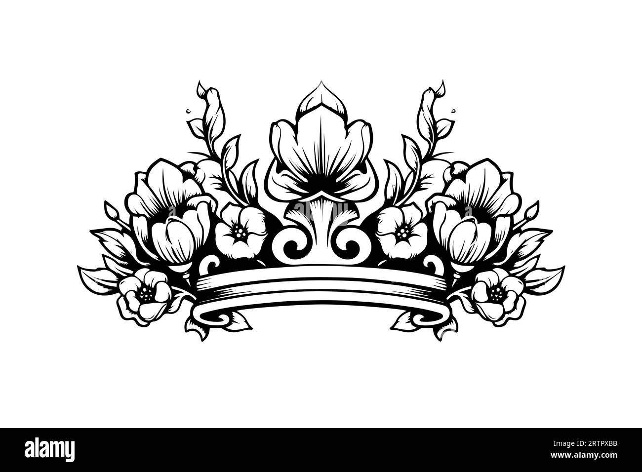 Hand drawn flower crown ink sketch. Vintage engraved vector