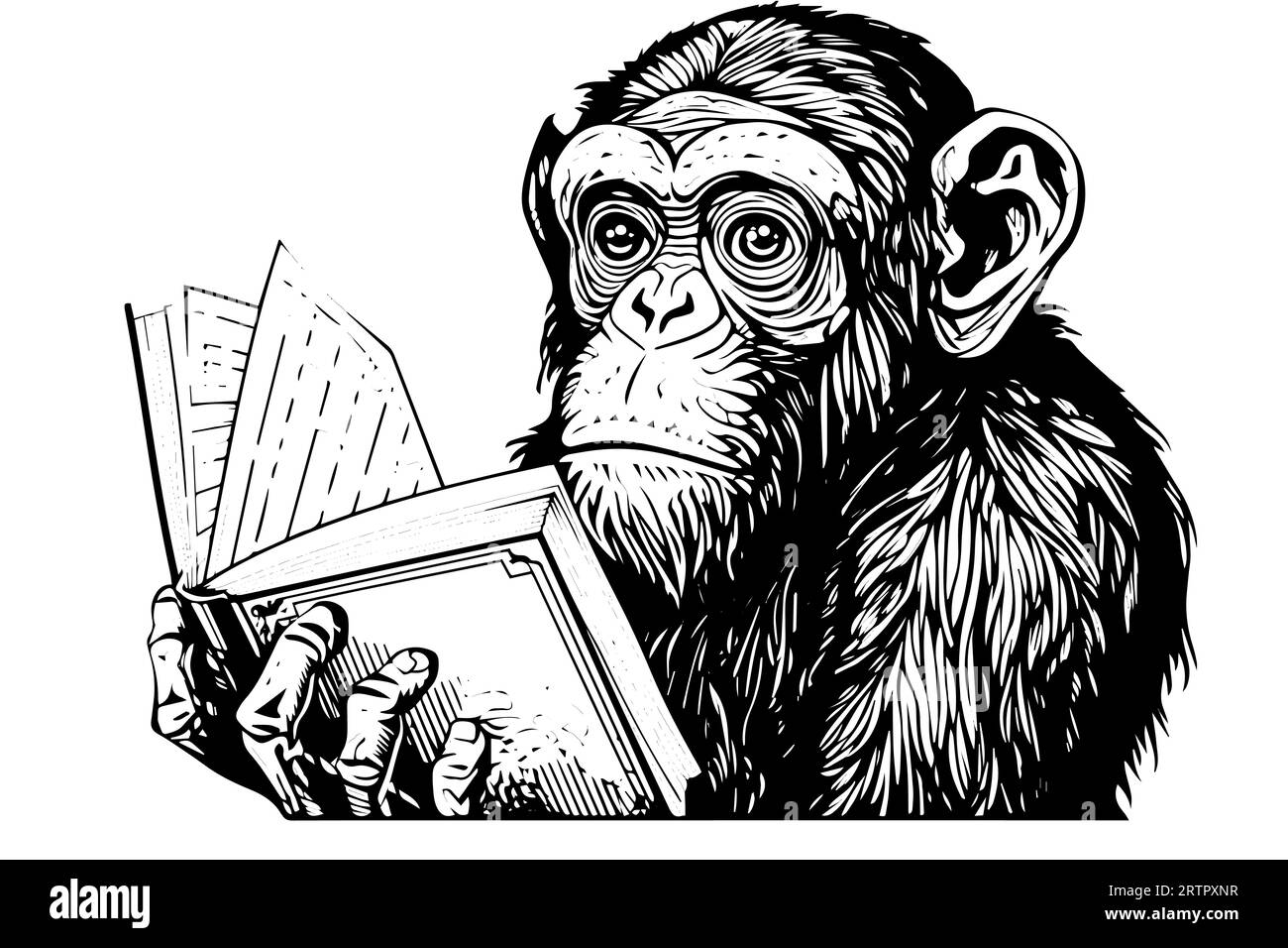 Monkey with books. Ink sketch engraving vector illustration. Stock Vector