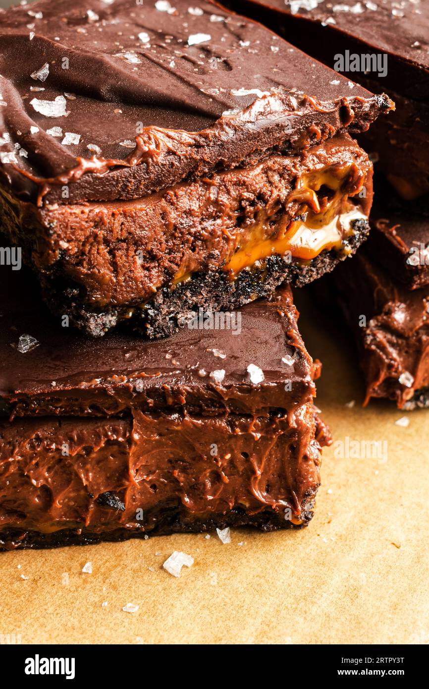Caramel Chocolate Cheesecake Dessert Bars with Ganache Topping Layers of chocolate crust