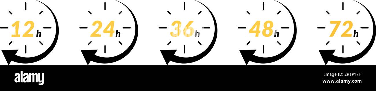 Hour icon with 12 and 24 clock formats, for 48h or 72h fast delivery and special day sales. Includes timer, arrow, and open effects. Flat vector Stock Vector