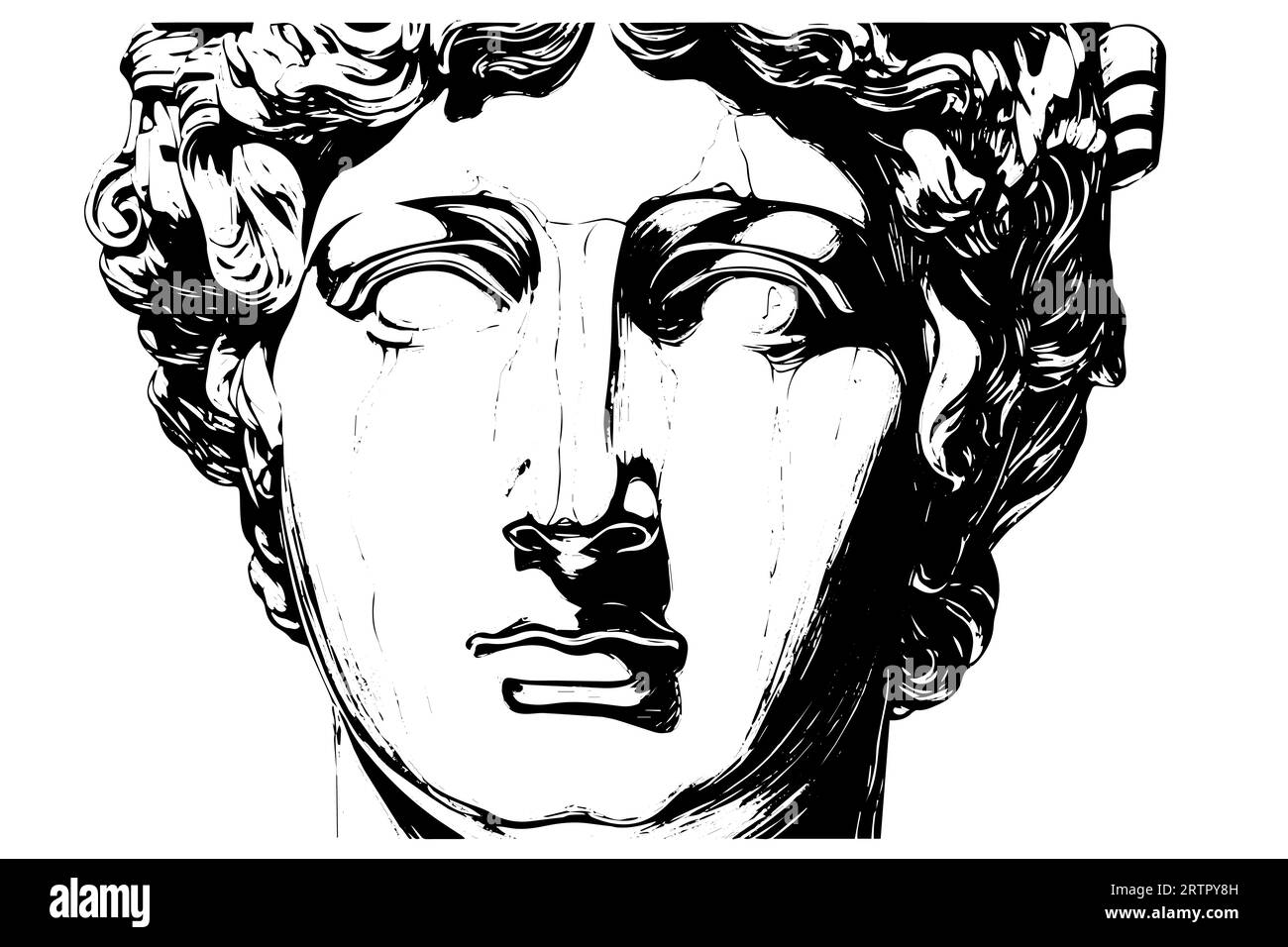 Cracked statue face of greek sculpture hand drawn engraving style