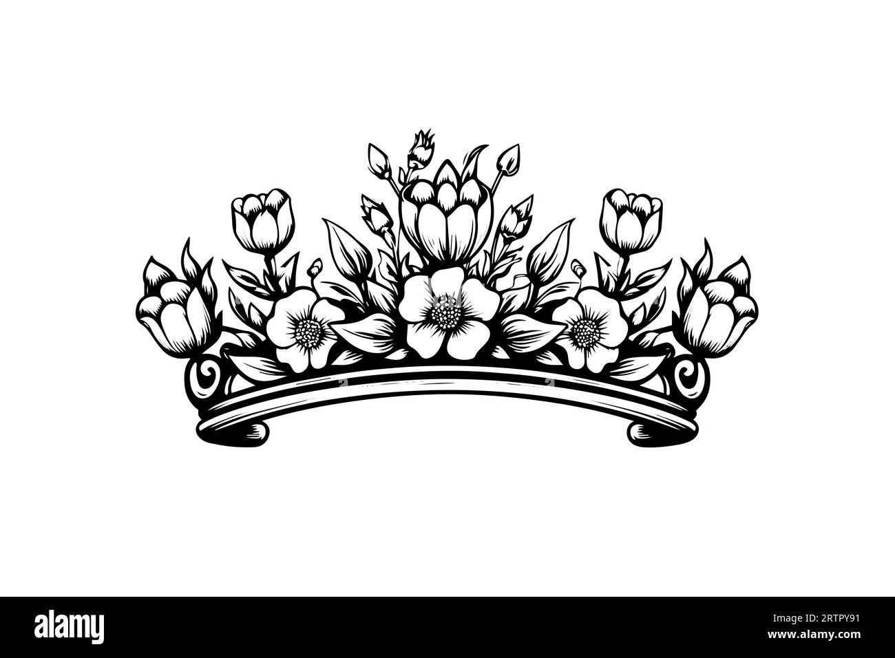 Hand drawn flower crown ink sketch. Vintage engraved vector