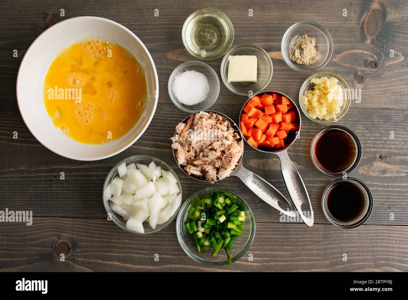 Prepped Ingredients for Thai Style Crab Fried Rice Measured
