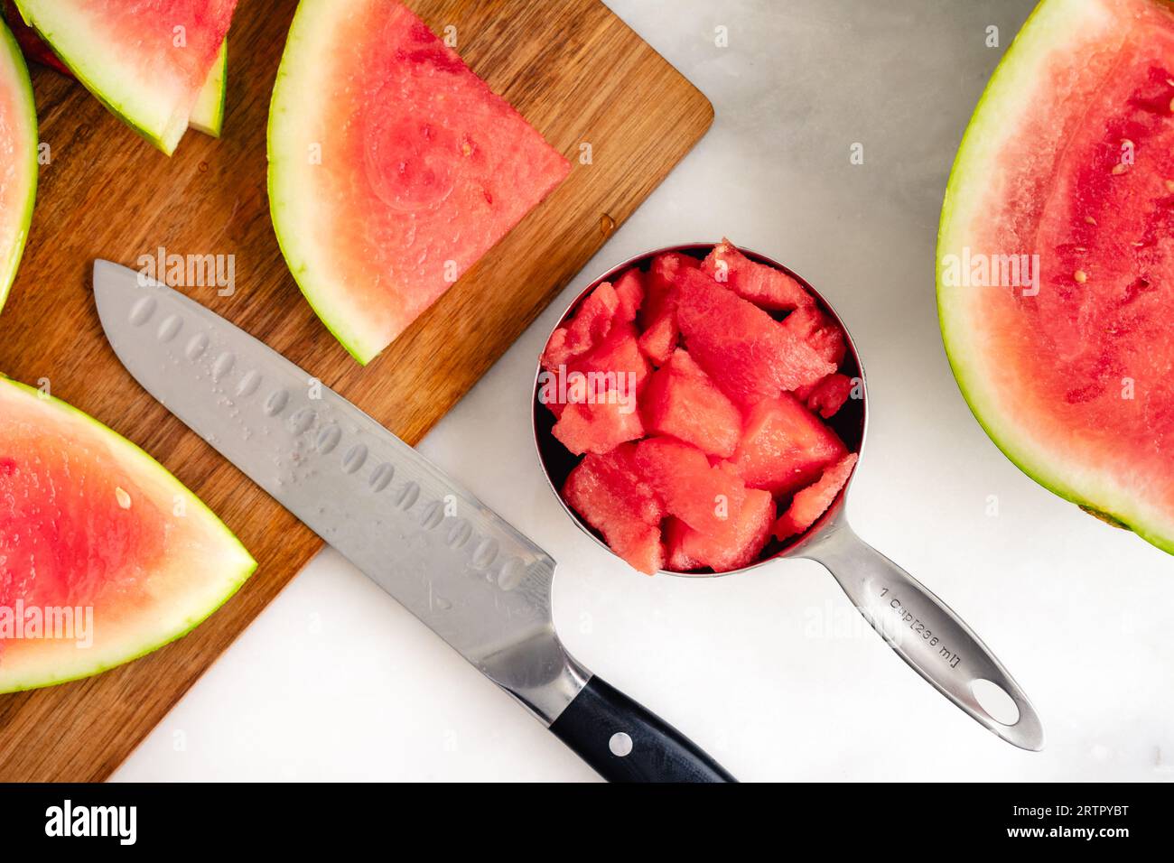 Chopped Watermelon Chunks in a Measuring Cup Pieces of watermelon in a