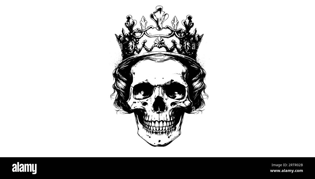 Hand drawn portrait of a skull with a crown. Vector rock illustration for your fashion design. Stock Vector
