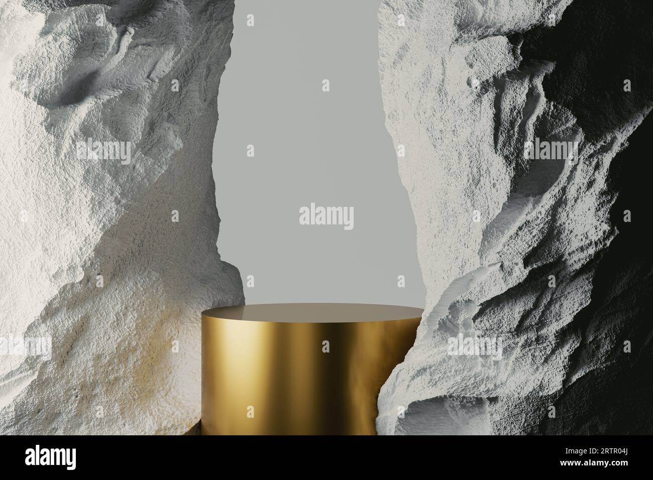 3d presentation pedestal between two white rocks. 3d rendering of mockup of presentation podium for display or advertising purposes Stock Photo