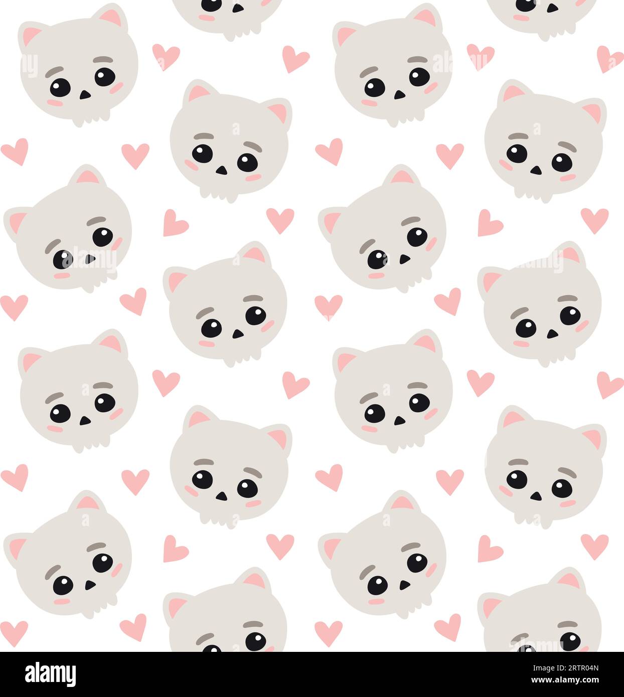 Vector seamless pattern of hand drawn flat cute cat skull and hearts isolated on white background Stock Vector