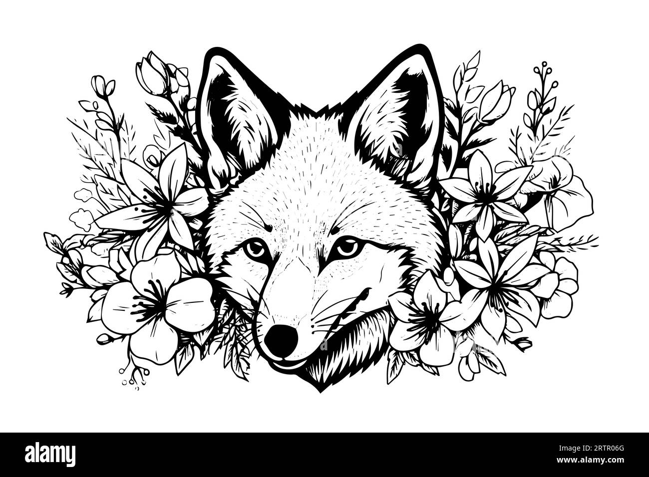 Fox head framed with flowers hand drawn ink sketch. Engraving style ...