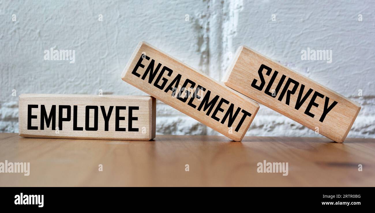 Employee Engagement Survey sign written on wooden blocks and beautiful background Stock Photo
