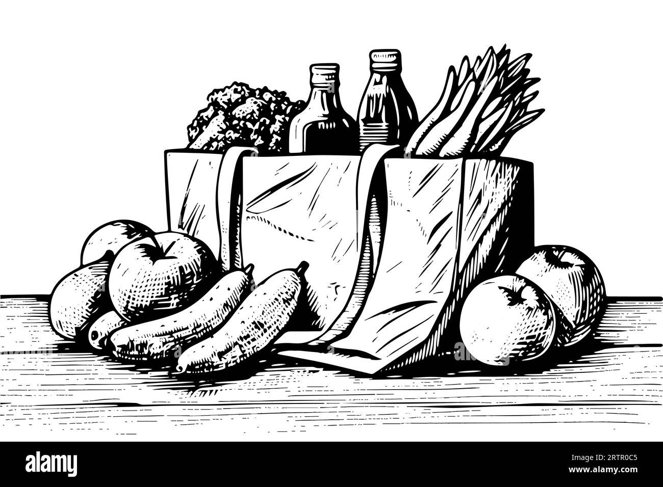 Grocery bag full of fruits and drinks engraving sketch vector hand