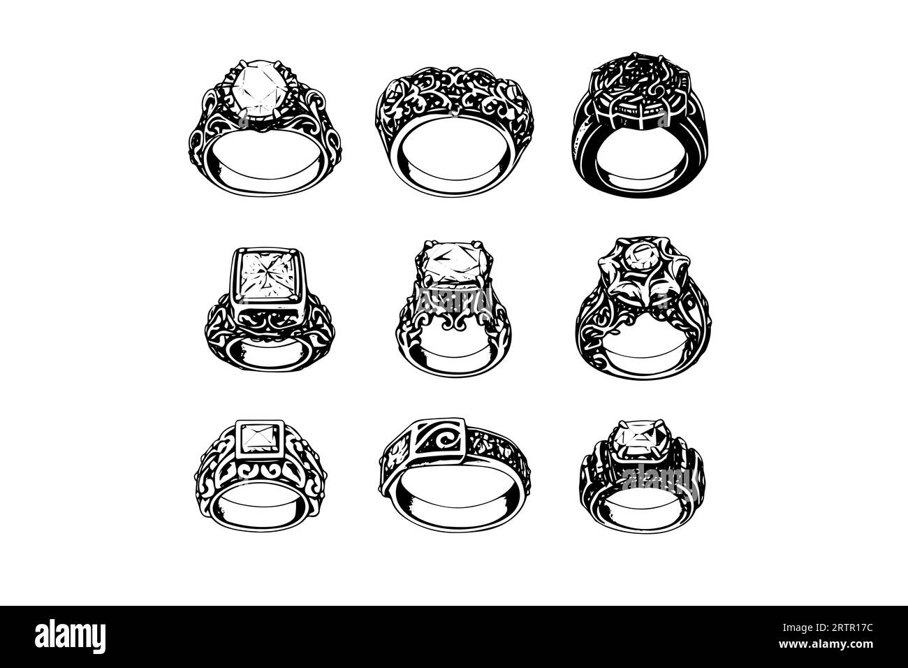 Vector hand drawn illustration set of different jewelry rings in