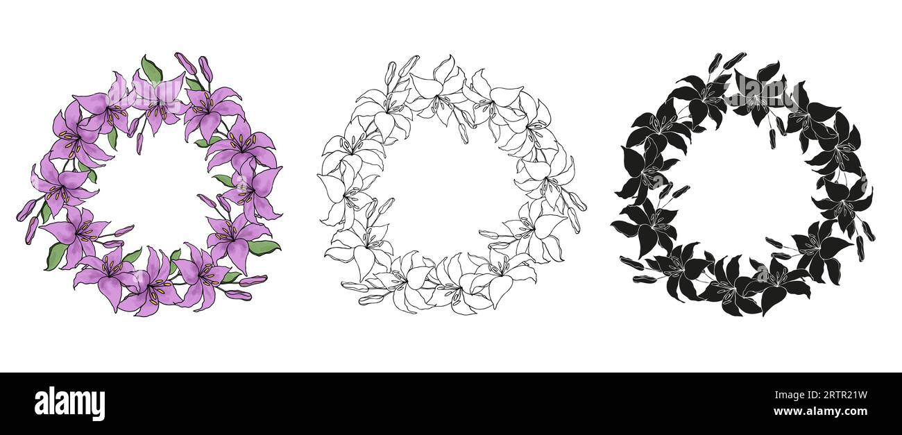Lilly flower line art garland circle wreath set, vector background. Stock Vector