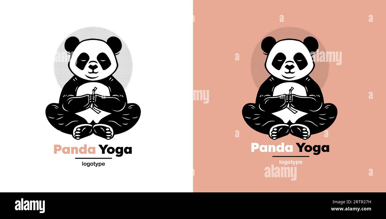 Vector Logo Illustration Panda Simple Mascot of Yoga Style. Logotype mark design template on white and pink background. Stock Vector