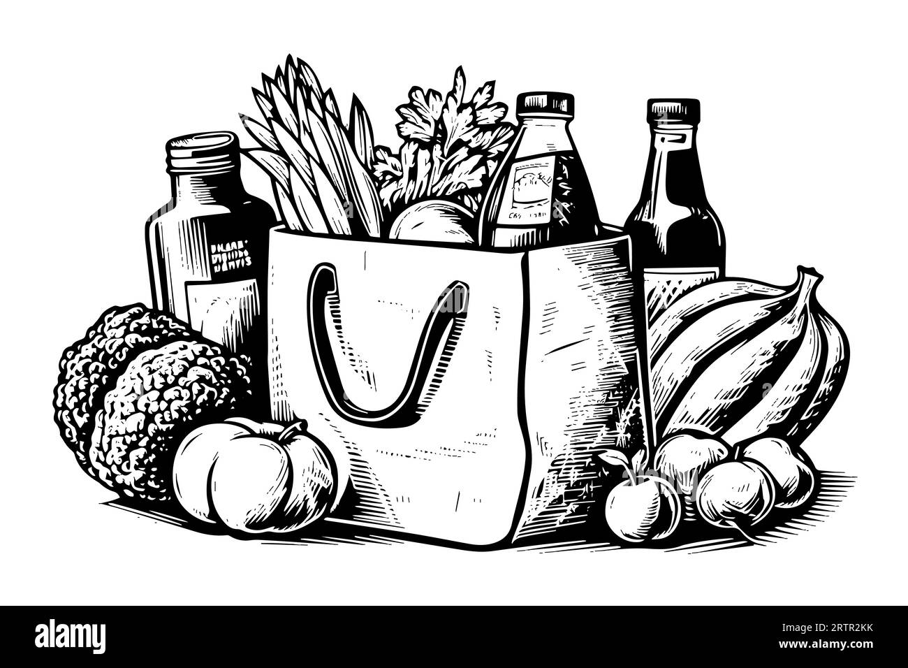 Grocery bag full of fruits and drinks engraving sketch vector hand-drawn illustration. Stock Vector